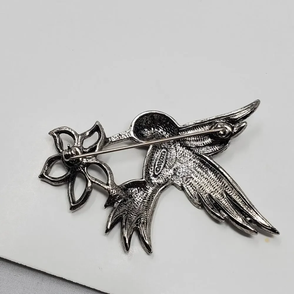 Vintage Avon Silver tone metal with black rhinestone hummingbird brooch …
